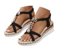 Women's Summer Wedge Sandals with Rhinestones - Open Shoes for Women Summer with Wedge Ankle Sandal with Elastic Slide Platform Sandals with Jewel Bohemian Style Shoes for Holiday and Beach, Black