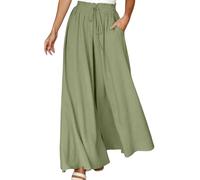 Women's Summer Wide Leg Palazzo Pants High Waisted Flowy Culottes Pockets Trendy Casual Lounge Boho Beach Trousers Petite/Regular/Tall Summer Beach Lounge Trousers, Light Green, M