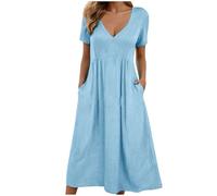 Womens Summer Wrap Dress Clearance Ladies Casual Ruffle Short Sleeve V-Neck Solid Color Beach Dresses for Women UK Casual Short Sleeve Midi A Line Cotton Linen Calf Length Sundress with Pockets