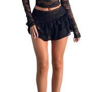 Womens Summer y2k Lace Trim Skirt Multi Layered Ruffle Boho Low Waist Flowy Skirt Sexy Gothic Mini Skirt (A-Black, M)