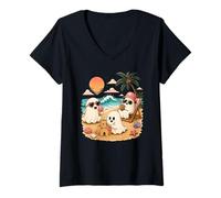 Women's Summerween Ghost Beach Cute Ghosts Summer Halloween V-Neck T-Shirt
