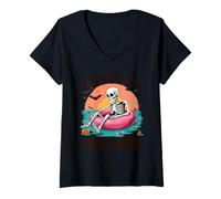 Womens Summerween Just Waiting for Halloween Skeleton Sunset V-Neck T-Shirt