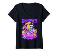 Women's Summerween Skeleton Pool Party Vacation Vibes Top V-Neck T-Shirt