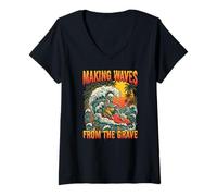 Women's Summerween Skeleton Surfer Making Waves from The Grave V-Neck T-Shirt