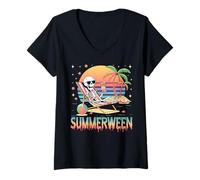 Womens Summerween Spooky Meets Sunshine Design V-Neck T-Shirt