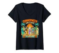 Women's Summerween Surf Classic Retro Halloween Beach Monsters V-Neck T-Shirt