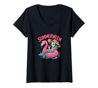 Womens Summerween Vibes Spooky Summer Mermaid Skeleton Halloween V-Neck T-Shirt