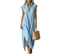 Womens Summmer Dresses Stylish Midi Cotton Dresses Elegant Sleeveless Casual Linen Dress Lightweight Solid Breathable Sundress V Neck Swing Dress with Pocket Loose Fit Spring Wear for Vacation Holiday