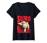 Women's Sumo Vibes Only Cartoon Design V-Neck T-Shirt, Black, Small