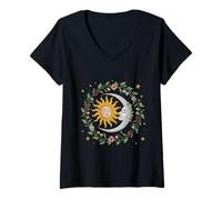 Womens Sun and Moon Embrace with Floral Celestial Art V-Neck T-Shirt