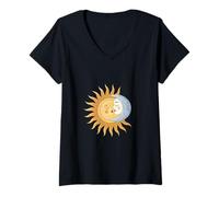 Womens Sun and Moon Kissing Celestial Harmony Romance V-Neck T-Shirt