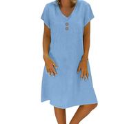 Women's Sun Dresses Casual Plain V Neck Bohemian Knee Length Midi Dress Short Sleeve T Shirts Petite A-Line Sundress Ladies Elegant Tunic Boho Beach Linen Summer Dresses for Women UK Light Blue