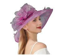 Womens Sun Hat Organza Elegant Wide Brim Wedding Hats Wide Brim Flower Decorated Travel Beach Cap Sun Hats Fascinator Tea-Party-Hat Church Bolwer for Women UK for Church Wedding Party Hot Pink