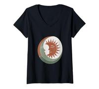 Women's Sun Moon Face Symbol Boho Celestial Art V-Neck T-Shirt