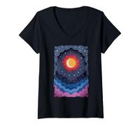 Women's Sun Moon Stars Night Soft Clouds Celestial Cosmos Sky V-Neck T-Shirt