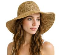 Womens Sun Protection Hat - Floppy Wide Brim Straw Hat with Detachable Strap, Lightweight & Packable Beach Hat for Holiday & Daily Wear (UK, Alpha, One Size, Beige)