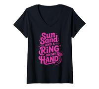 Women's Sun Sand and a Ring on My Hand Honeymoon V-Neck T-Shirt