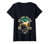 Womens Sun, Sand, Solitude USA Hotrod Retro Style Design V-Neck T-Shirt