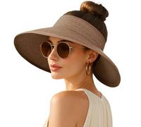 Women's Sun Visor Hats Wide Brim Straw Beach Hat Ponytail Hats for Women Foldable Floppy, 1pack-brown, Large