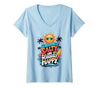 Womens Sunburned, Salty and Seriously Happy Retro Beach Vibes V-Neck T-Shirt