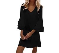 Womens Sundress Maxi Womens Cute Dress Bell Sleeve Three Layer Ruffle V Neck Loose Swing Print Mini Dress Summer Midi Dress Black