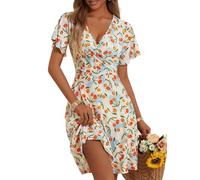 Womens Sundress Summer Floral Short Sleeve Wrap V Neck A-Line Midi Dress(White Orange Cherry-61,XL)