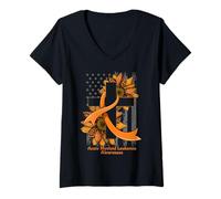 Womens Sunflower Christian Cross Acute Myeloid Leukemia Awareness V-Neck T-Shirt