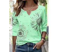 Women's Sunflower Dot Print 3/4 Sleeve Notched-V Neck Top | Summer 3/4-sleeve casual top, relaxed cut fits torso, for street strolls & grocery shopping