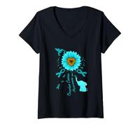 Womens Sunflower Hummingbird Elephant Ovarian Cancer Awareness V-Neck T-Shirt