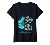 Women's Sunflower PTSD Awareness Month Support PTSD Warrior V-Neck T-Shirt
