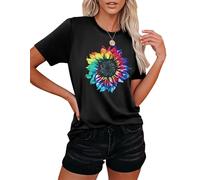 Women's Sunflower T-Shirt with Sunflower Motif Summer Short Sleeve Shirt for Women, Black (black-B), S
