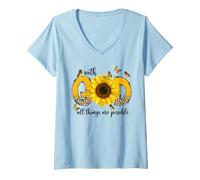 Womens Sunflowers with God All Things are Possible Christian Gifts V-Neck T-Shirt