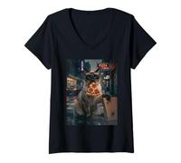 Women's Sunglasses Cat Eating Pizza Nocturne Night Road V-Neck T-Shirt