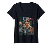 Women's Sunglasses Cat Eating Pizza Nocturne Night Road V-Neck T-Shirt