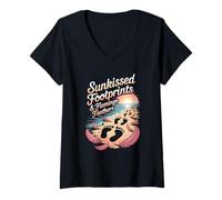 Womens Sunkissed Footprints Flamingo Feathers Bigfoot Beach Walk V-Neck T-Shirt