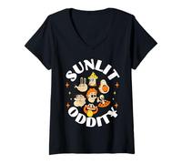 Womens Sunlit Oddity Surreal Cartoon Character with UFO Alien V-Neck T-Shirt