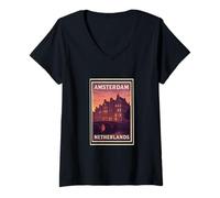 Womens Sunset Amsterdam Netherlands Dusk Dawn Travel Art Graphic V-Neck T-Shirt