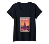 Womens Sunset Bangkok Thailand Sunrise Dusk Dawn Travel Art Graphic V-Neck T-Shirt