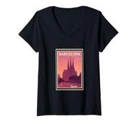 Womens Sunset Barcelona Spain Sunrise Dusk Dawn Travel Art Graphic V-Neck T-Shirt