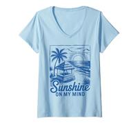 Womens Sunset Beach Bar Palm Tree "Sunshine on My Mind" Retro Surf V-Neck T-Shirt