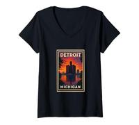 Womens Sunset Detroit Michigan Sunrise Dusk Dawn Travel Art Graphic V-Neck T-Shirt