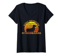 Womens Sunset Easily Distracted by Dachshunds V-Neck T-Shirt