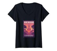 Womens Sunset in New Orleans Louisana Dusk Dawn Travel Art Graphic V-Neck T-Shirt