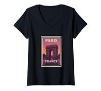 Womens Sunset in Paris France Sunrise Dusk Dawn Travel Art Graphic V-Neck T-Shirt