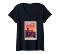 Womens Sunset in Prague Czech Republic Dusk Dawn Travel Art Graphic V-Neck T-Shirt