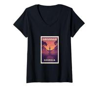 Womens Sunset in Savannah Georgia Dusk Dawn Travel Art Graphic V-Neck T-Shirt