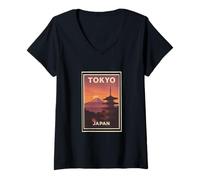 Womens Sunset in Tokyo Japan Sunrise Dusk Dawn Travel Art Graphic V-Neck T-Shirt