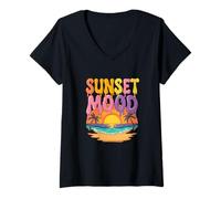 Womens Sunset Mood Tropical Beach Ocean Summer Vibes V-Neck T-Shirt