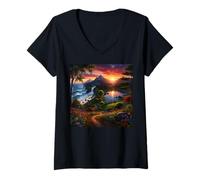 Women's Sunset Mountain Landscape Waterfall and Wildflower Meadow V-Neck T-Shirt
