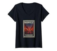 Womens Sunset Nashville Tennessee TN Dusk Dawn Travel Art Graphic V-Neck T-Shirt
